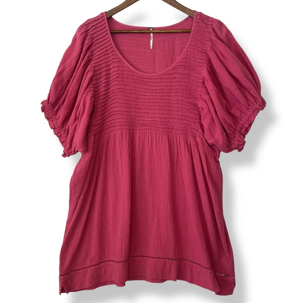 Free People Elsie Tunic M Pink Puff Sleeve Pintuck Gauze Boho Linen Cotton Blend